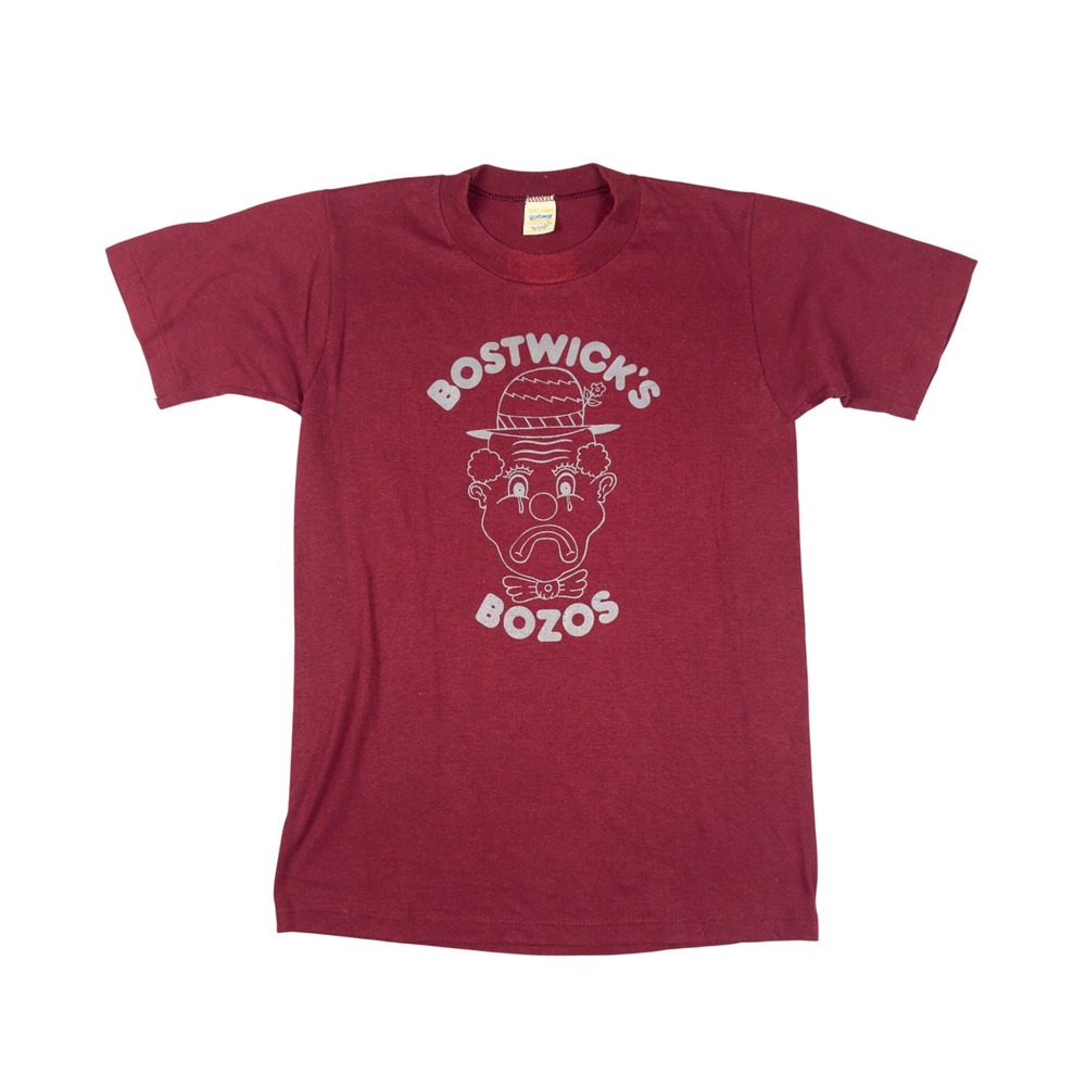 Vtg 80s Bostwick's Bozos‎ Sad Clown T Shirt Adult S USA Made Burgundy 50/50 Tee
